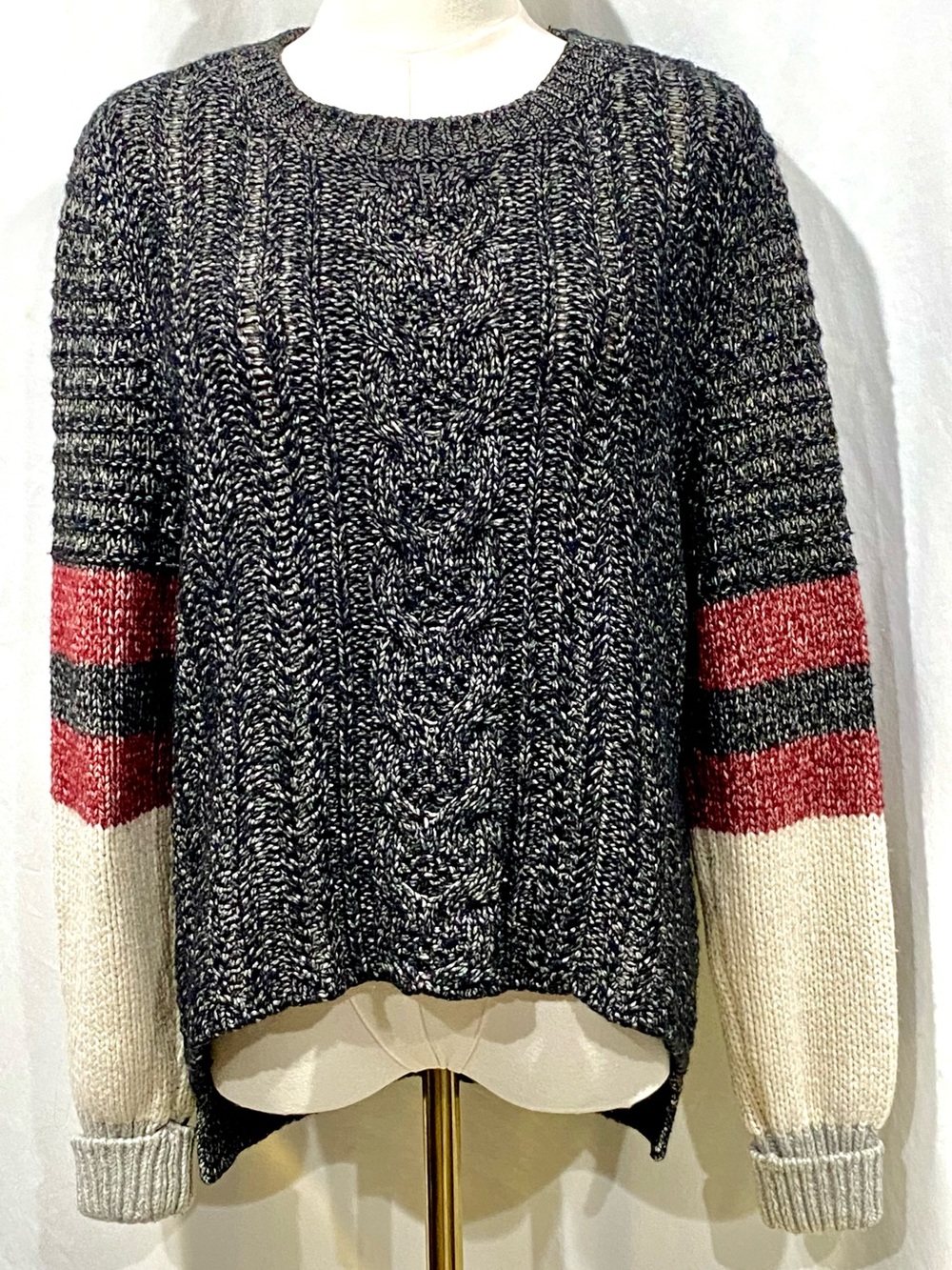 Victoria's Secret Black Marled Cable Crew with Red & Cream Stripes High Low Hem